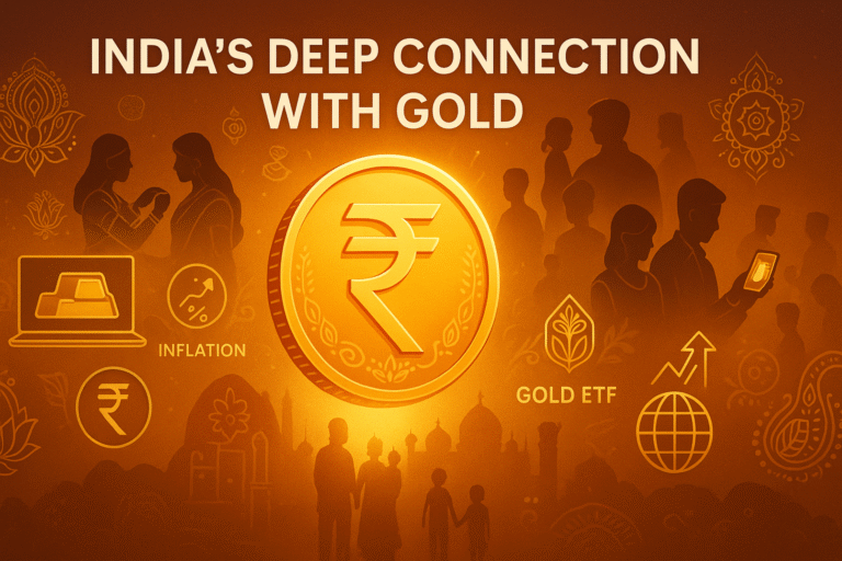Illustration showing India’s cultural and financial connection with gold, featuring symbols of gold price, inflation, gold ETF, and digital investment.