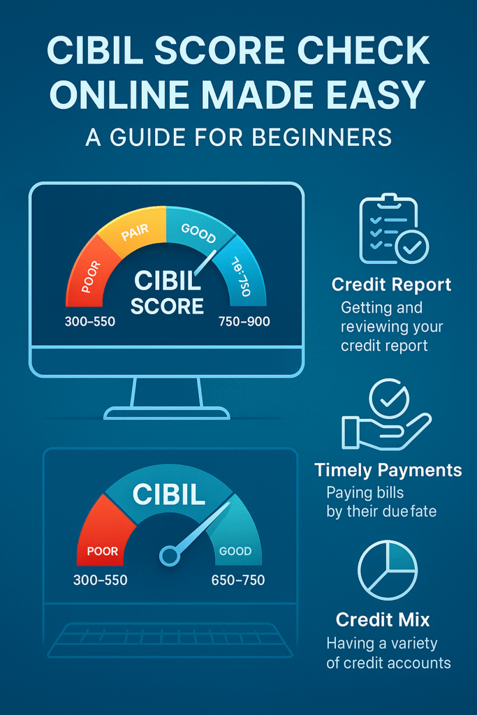 CIBIL Score Check Online Made Easy' showing step-by-step guide for checking credit score online with icons for PAN card, OTP, credit report, and CIBIL score insights.