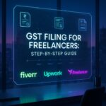 Digital cover image titled “GST Filing for Freelancers: Step-by-Step Guide” with Fiverr, Upwork, and Freelancer logos in a modern office setting.