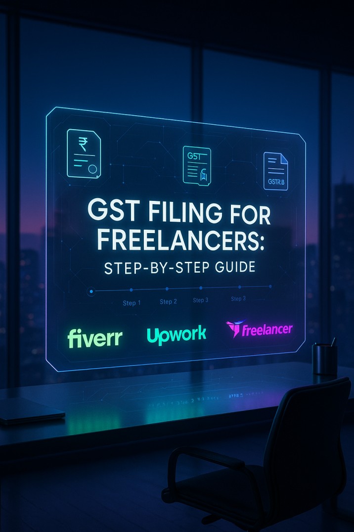 Digital cover image titled “GST Filing for Freelancers: Step-by-Step Guide” with Fiverr, Upwork, and Freelancer logos in a modern office setting.