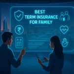 Futuristic Indian financial hub control room with a couple interacting with a holographic dashboard labeled ‘Best Term Insurance for Family’, overlooking a neon-lit city skyline at dusk.