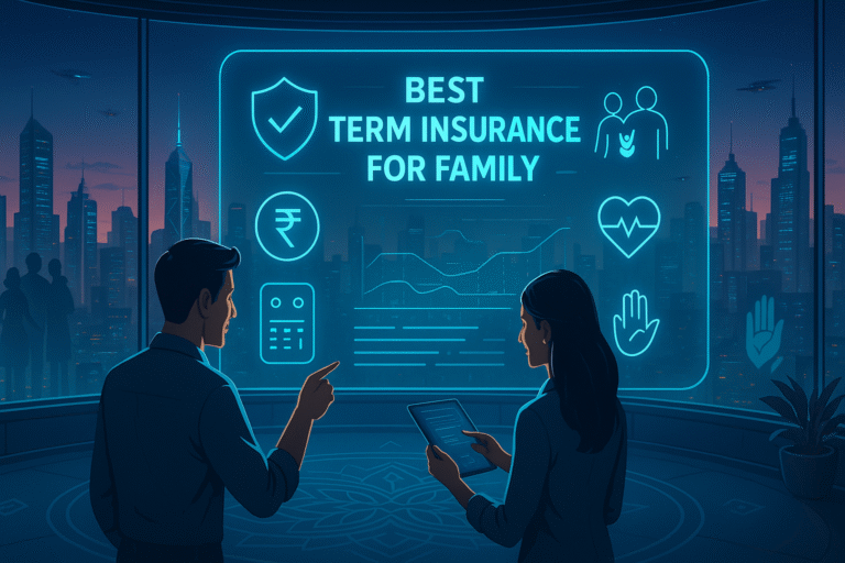 Futuristic Indian financial hub control room with a couple interacting with a holographic dashboard labeled ‘Best Term Insurance for Family’, overlooking a neon-lit city skyline at dusk.