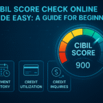 CIBIL Score Check Online Made Easy' showing step-by-step guide for checking credit score online with icons for PAN card, OTP, credit report, and CIBIL score insights.