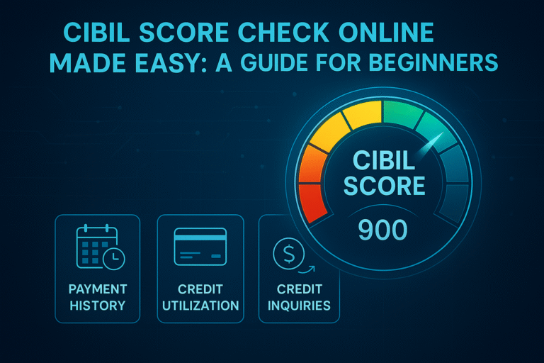 CIBIL Score Check Online Made Easy&#039; showing step-by-step guide for checking credit score online with icons for PAN card, OTP, credit report, and CIBIL score insights.