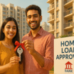 Young Indian couple smiling with home loan approval in front of new apartment building