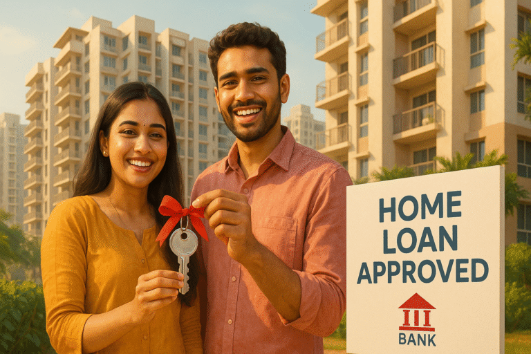 Young Indian couple smiling with home loan approval in front of new apartment building