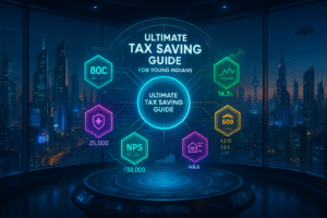 Infographic showing essential income tax saving tips and investment options for young Indians