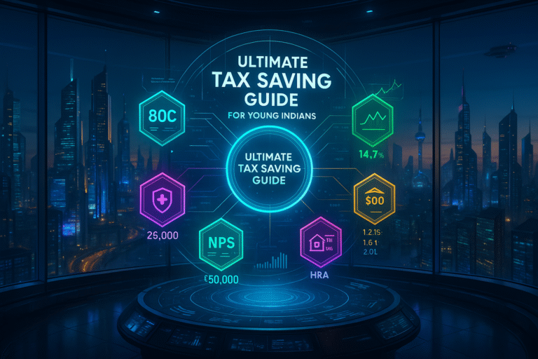 Infographic showing essential income tax saving tips and investment options for young Indians