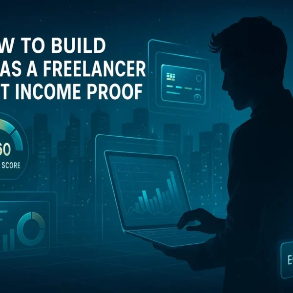 Graphic showing a freelancer using a laptop with icons of credit cards, bank documents, and secured deposits, illustrating credit-building methods without income proof.
