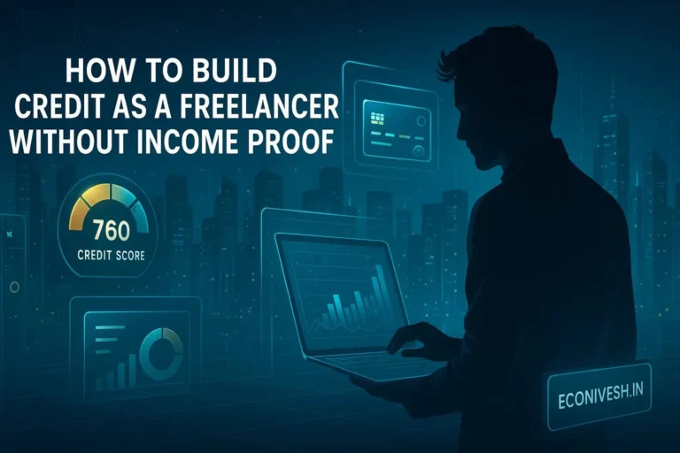 Graphic showing a freelancer using a laptop with icons of credit cards, bank documents, and secured deposits, illustrating credit-building methods without income proof.