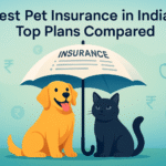 Illustration of a dog and a cat under an insurance umbrella with text ‘Best Pet Insurance in India: Top Plans Compared