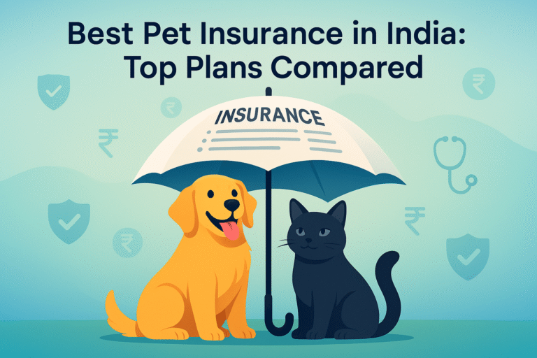 Illustration of a dog and a cat under an insurance umbrella with text ‘Best Pet Insurance in India: Top Plans Compared