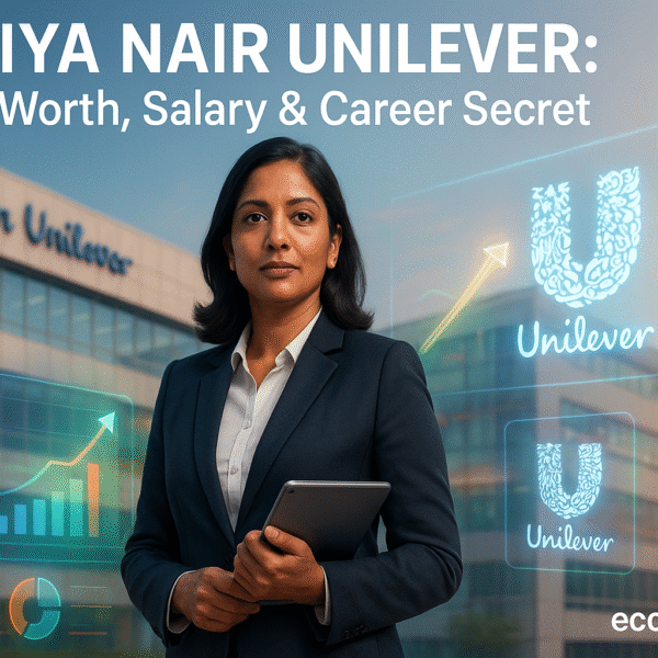 The Hindustan Unilever logo and the econivesh.in branding are displayed alongside the professional digital illustration of Priya Nair Unilever wearing a contemporary business suit against a futuristic cityscape backdrop, emphasizing the text "Priya Nair Unilever: Net Worth, Salary & Career Secret."