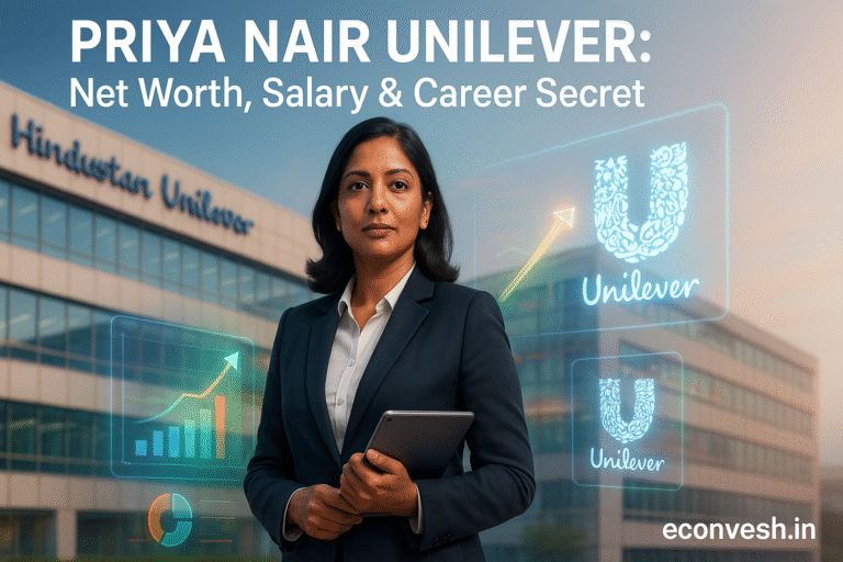 The Hindustan Unilever logo and the econivesh.in branding are displayed alongside the professional digital illustration of Priya Nair Unilever wearing a contemporary business suit against a futuristic cityscape backdrop, emphasizing the text &quot;Priya Nair Unilever: Net Worth, Salary &amp; Career Secret.&quot;