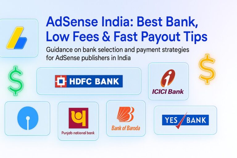 A futuristic clean fintech cover image showing the title ‘AdSense India: Best Bank, Low Fees & Fast Payout Tips’ in bold blue text, surrounded by floating transparent hologram panels in an arc layout. Panels display neon-glowing original brand logos: Google AdSense, YouTube, HDFC Bank, ICICI Bank, SBI, Punjab National Bank, Bank of Baroda, Yes Bank, with dollar ($) and rupee (₹) neon symbols on a light gradient background.