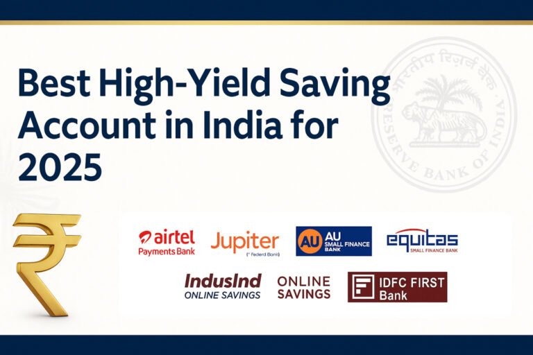 Cover image showing logos of top Indian banks like Airtel Payments Bank, Jupiter, AU Small Finance Bank, with a rupee symbol, RBI logo, and title text ‘Best High-Yield Saving Account in India for 2025’ on a premium financial background