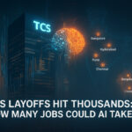 Futuristic TCS corporate office with neon logo, AI automation holograms, and India map highlighting major IT hubs, showing thousands of employees affected by TCS layoffs and jobs at risk in the Indian IT workforce.