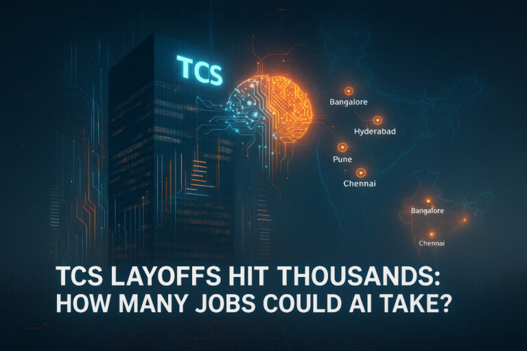Futuristic TCS corporate office with neon logo, AI automation holograms, and India map highlighting major IT hubs, showing thousands of employees affected by TCS layoffs and jobs at risk in the Indian IT workforce.