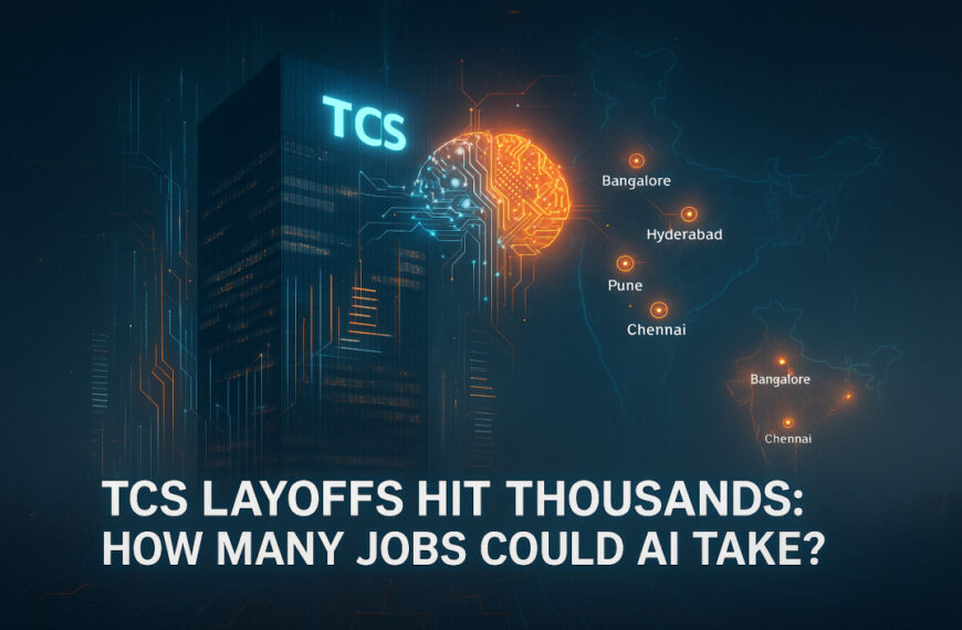 Futuristic TCS corporate office with neon logo, AI automation holograms, and India map highlighting major IT hubs, showing thousands of employees affected by TCS layoffs and jobs at risk in the Indian IT workforce.