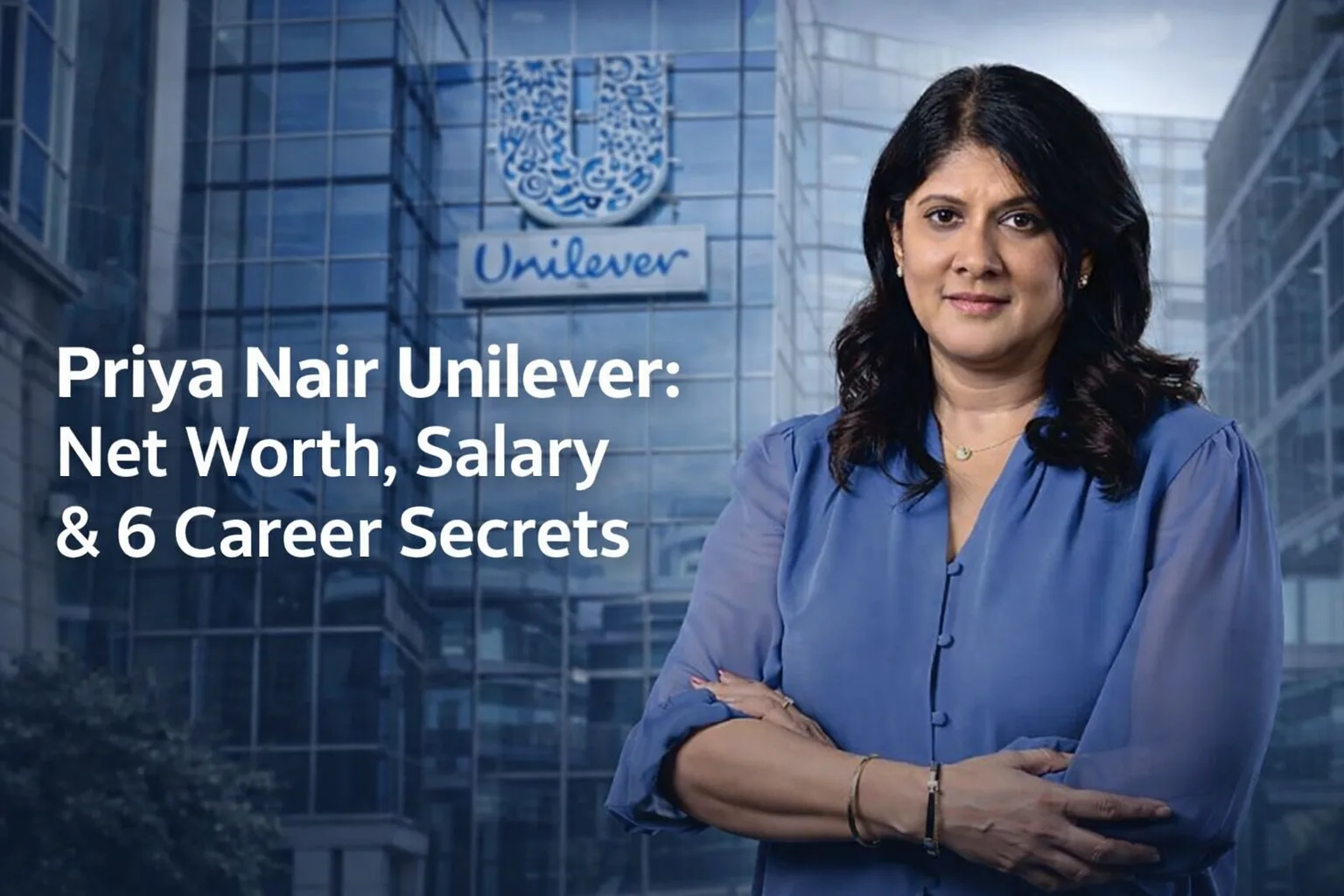 The Hindustan Unilever logo and the econivesh.in branding are displayed alongside the professional digital illustration of Priya Nair Unilever wearing a contemporary business suit against a futuristic cityscape backdrop, emphasizing the text "Priya Nair Unilever: Net Worth, Salary & Career Secret."