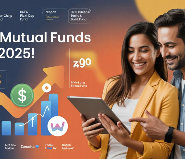 Young Indian couple reviewing mutual fund investments on smartphone with logos of top Indian mutual funds (Quant, SBI, HDFC, ICICI, Axis, Nippon India, Kotak) and savings icons, rupee/dollar signs, SIP symbols in background.
