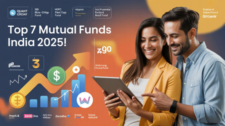 Young Indian couple reviewing mutual fund investments on smartphone with logos of top Indian mutual funds (Quant, SBI, HDFC, ICICI, Axis, Nippon India, Kotak) and savings icons, rupee/dollar signs, SIP symbols in background.