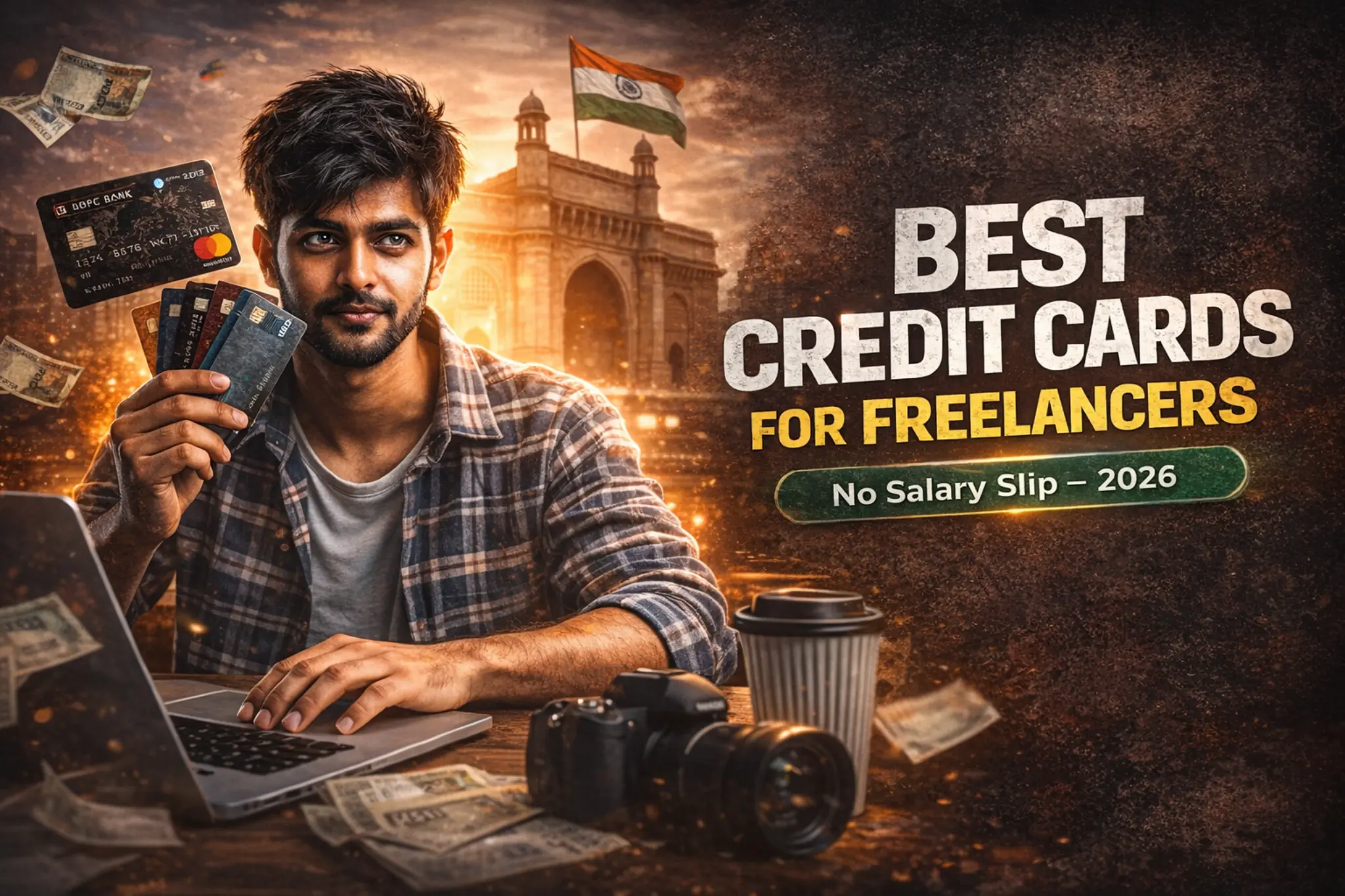Best credit cards for freelancers in India without salary slip showing freelancer holding multiple credit cards with laptop and money concept