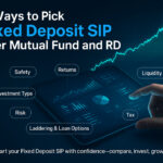 A modern financial feature image showing a hand interacting with a glowing digital tablet displaying charts and graphs. The headline reads “7 Ways to Pick Fixed Deposit SIP over Mutual Fund and RD,” with comparison highlights such as Safety, Returns, Liquidity, Investment Type, Risk, Tax, and Laddering & Loan Options clearly labeled around the device. A cyan line graph curves upward, symbolizing financial growth, on a dark blue professional background.