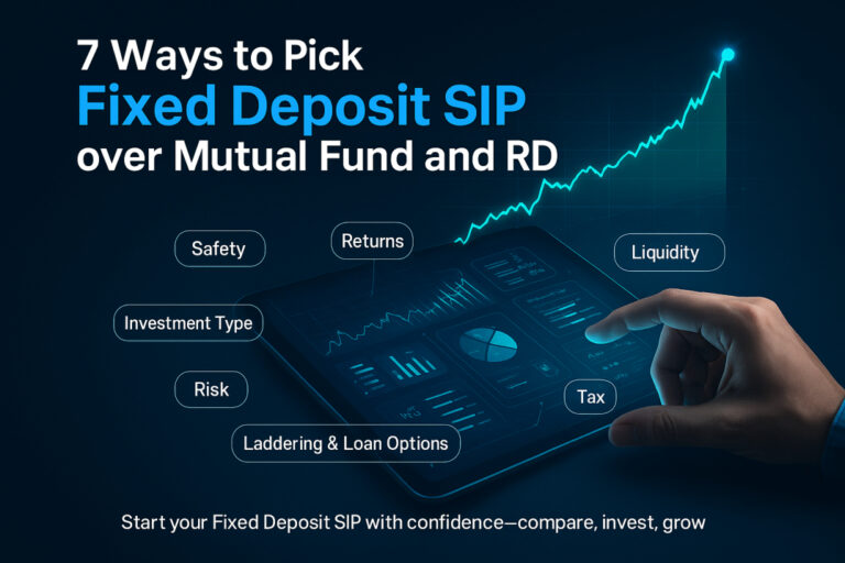 A modern financial feature image showing a hand interacting with a glowing digital tablet displaying charts and graphs. The headline reads “7 Ways to Pick Fixed Deposit SIP over Mutual Fund and RD,” with comparison highlights such as Safety, Returns, Liquidity, Investment Type, Risk, Tax, and Laddering &amp; Loan Options clearly labeled around the device. A cyan line graph curves upward, symbolizing financial growth, on a dark blue professional background.