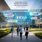 AI-generated infographic showing Infosys plans to hire 20,000 fresh workers, including salary and recruitment process details.