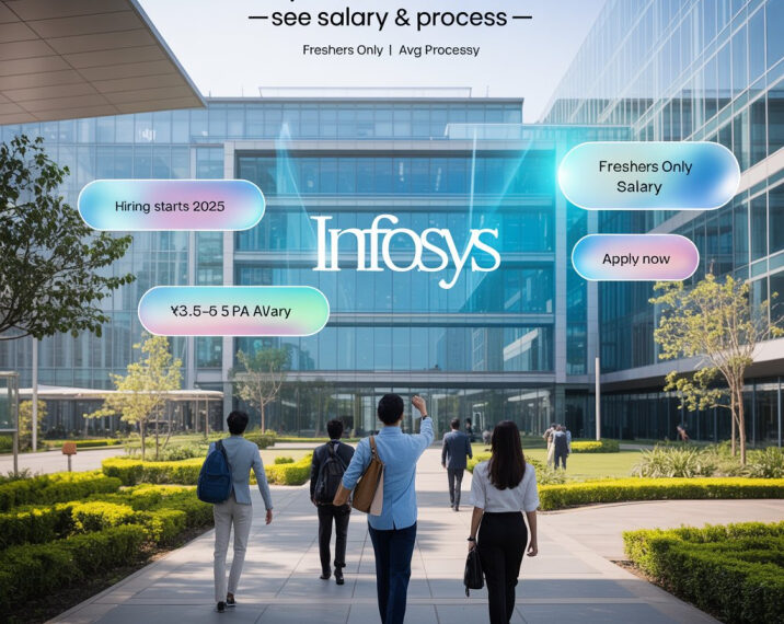 AI-generated infographic showing Infosys plans to hire 20,000 fresh workers, including salary and recruitment process details.
