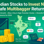 Illustration of Indian stock market growth with rupee coins, stock charts, and company logos like Reliance, Infosys, Tata Motors, HUL, ITC, Cipla, symbolizing the best Indian stocks to invest now for safe multibagger returns in 2026.