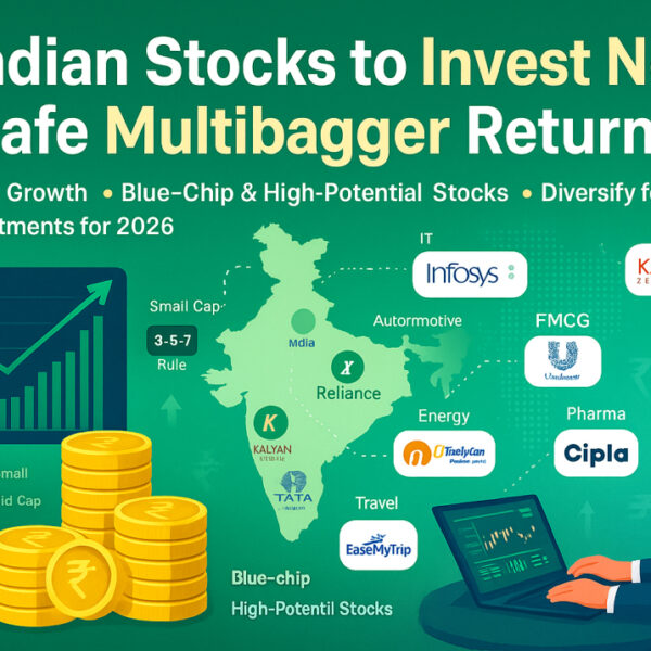 Illustration of Indian stock market growth with rupee coins, stock charts, and company logos like Reliance, Infosys, Tata Motors, HUL, ITC, Cipla, symbolizing the best Indian stocks to invest now for safe multibagger returns in 2026.