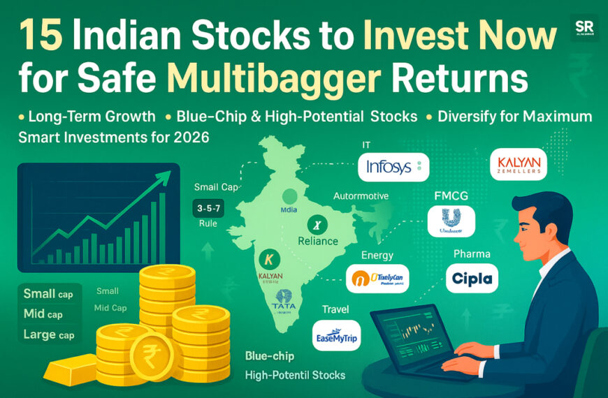 Illustration of Indian stock market growth with rupee coins, stock charts, and company logos like Reliance, Infosys, Tata Motors, HUL, ITC, Cipla, symbolizing the best Indian stocks to invest now for safe multibagger returns in 2026.