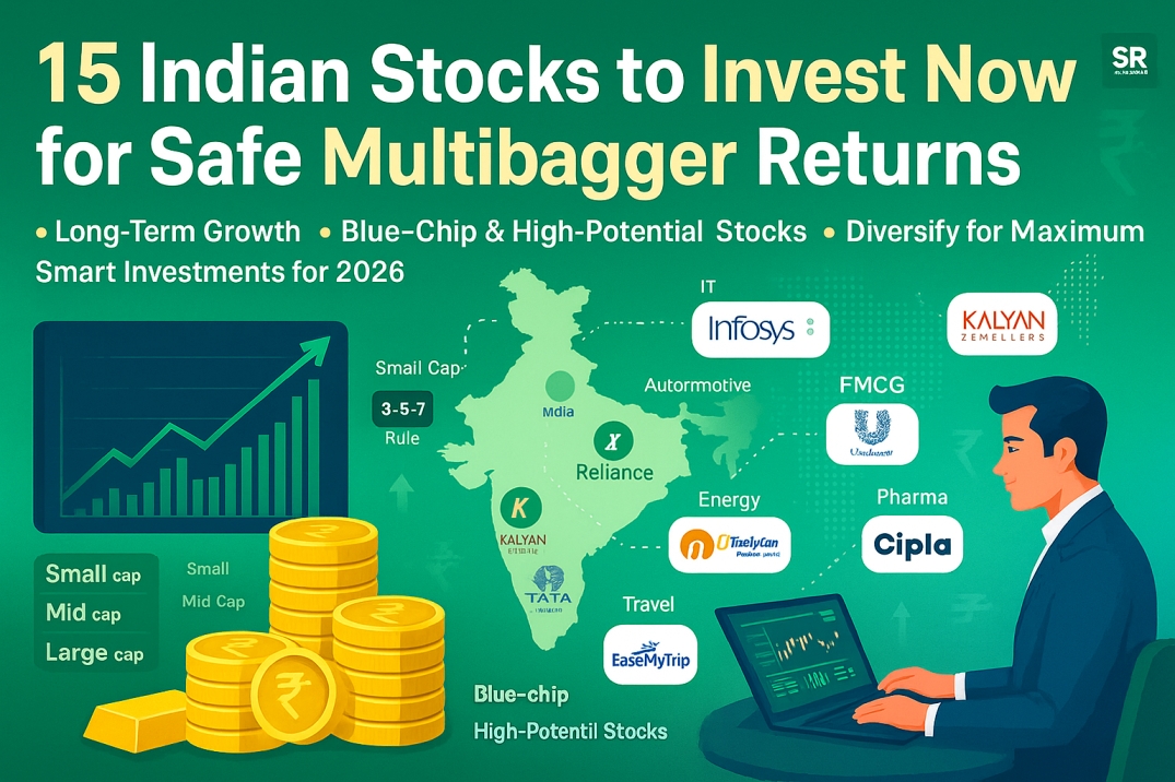 Illustration of Indian stock market growth with rupee coins, stock charts, and company logos like Reliance, Infosys, Tata Motors, HUL, ITC, Cipla, symbolizing the best Indian stocks to invest now for safe multibagger returns in 2026.