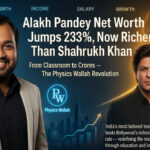 Alakh Pandey Net Worth jumps 233 percent — Physics Wallah founder appears beside Shahrukh Khan with futuristic financial growth chart and PW logo.