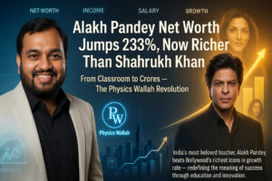 Alakh Pandey Net Worth jumps 233 percent — Physics Wallah founder appears beside Shahrukh Khan with futuristic financial growth chart and PW logo.