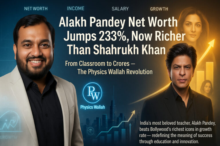 Alakh Pandey Net Worth jumps 233 percent — Physics Wallah founder appears beside Shahrukh Khan with futuristic financial growth chart and PW logo.