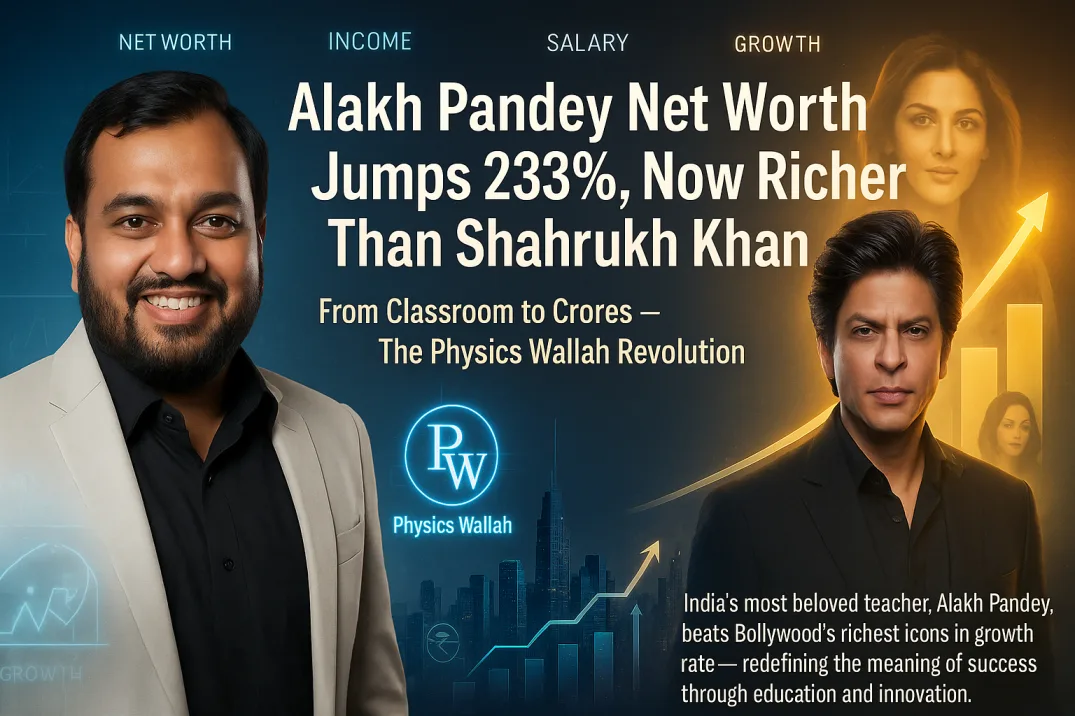 Alakh Pandey Net Worth jumps 233 percent — Physics Wallah founder appears beside Shahrukh Khan with futuristic financial growth chart and PW logo.
