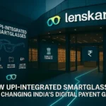 Futuristic Lenskart showroom interior with sleek modern glass architecture and the Lenskart 3D logo prominently displayed.