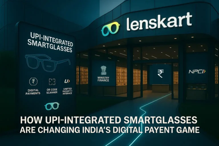 Futuristic Lenskart showroom interior with sleek modern glass architecture and the Lenskart 3D logo prominently displayed.