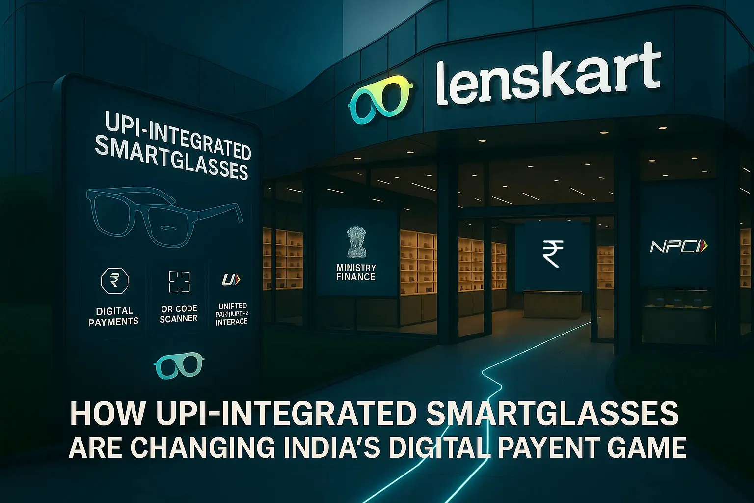 Futuristic Lenskart showroom interior with sleek modern glass architecture and the Lenskart 3D logo prominently displayed.