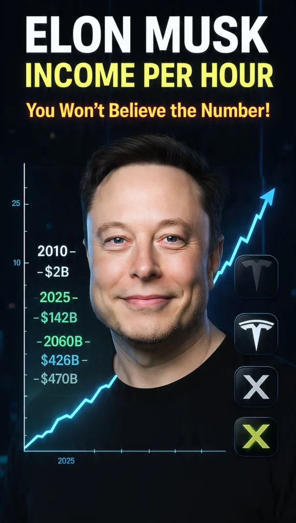 Realistic image of Elon Musk with a glowing upward financial graph showing income growth from 2010 to 2025, Tesla and X logos on the side, and bold headline text ‘Elon Musk Income Per Hour — You Won’t Believe the Number