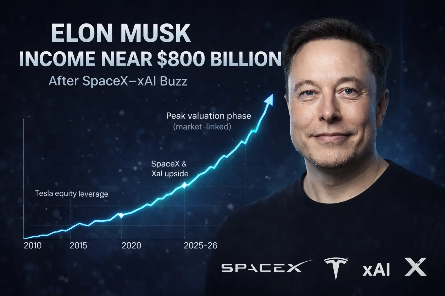 Elon Musk smiling in a clean YouTube-style thumbnail with a rising income & net worth graph showing growth from 2010 to 2025, along with Tesla, SpaceX and X logos, and bold text saying ‘Elon Musk Income Per Hour — You Won’t Believe the Number’