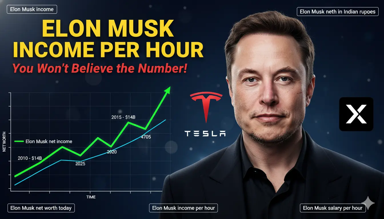 Elon Musk smiling in a clean YouTube-style thumbnail with a rising income &amp; net worth graph showing growth from 2010 to 2025, along with Tesla, SpaceX and X logos, and bold text saying ‘Elon Musk Income Per Hour — You Won’t Believe the Number’