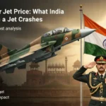 A dramatic 4K army-themed scene featuring the Tejas Mk1A, highlighting the Tejas Fighter Jet Price with an Indian Army officer saluting the national flag and the Red Fort softly blended in the background to evoke India’s defence pride.