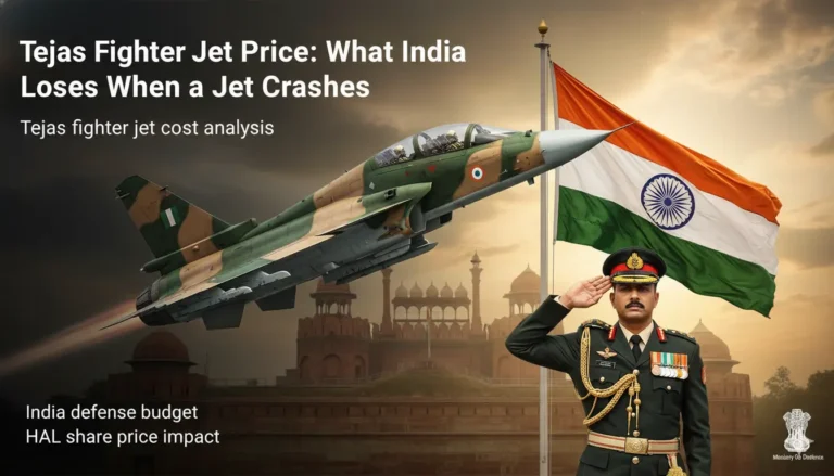 A dramatic 4K army-themed scene featuring the Tejas Mk1A, highlighting the Tejas Fighter Jet Price with an Indian Army officer saluting the national flag and the Red Fort softly blended in the background to evoke India’s defence pride.