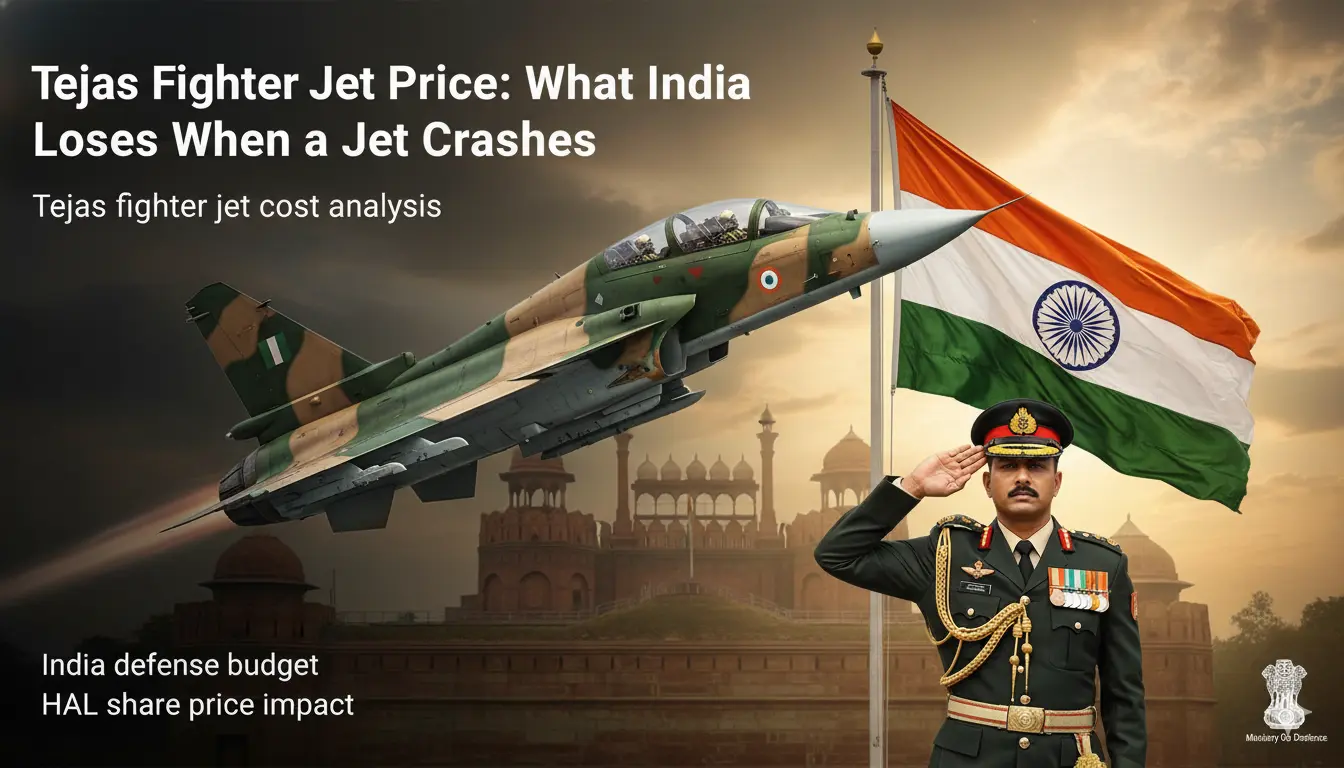 A dramatic 4K army-themed scene featuring the Tejas Mk1A, highlighting the Tejas Fighter Jet Price with an Indian Army officer saluting the national flag and the Red Fort softly blended in the background to evoke India’s defence pride.