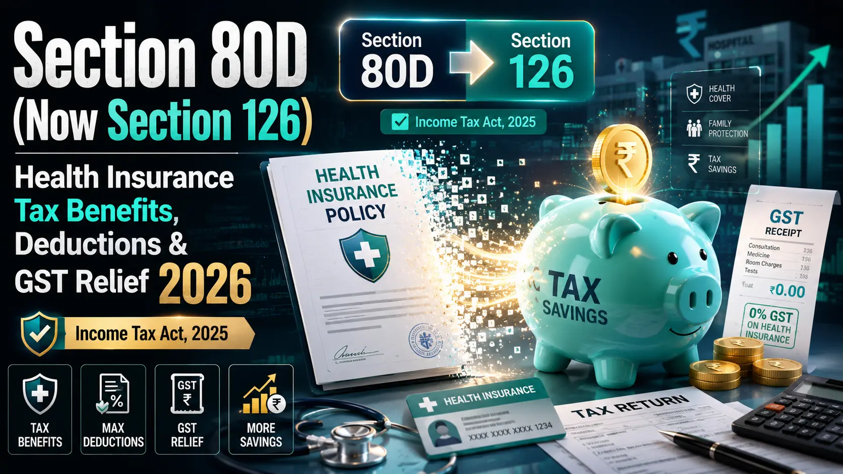 Health Insurance Tax Benefits 2026 illustration showing Section 80D now Section 126, health insurance policy, tax savings piggy bank, GST relief and Income Tax Act 2025 update.