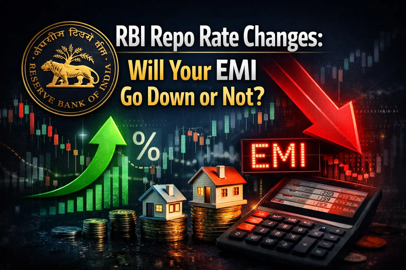 RBI Repo Rate Changes impact on home loan EMI with RBI logo, rate cut symbols and Indian family